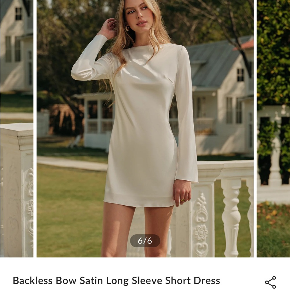 Commense Backless Bow Satin Long Sleeve Short Dress - White